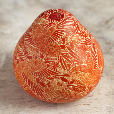 Getrocknete Mate-Kürbisfigur - Gravierte Kolibri-Figur aus getrocknetem Kürbis und Orange