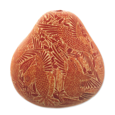 Getrocknete Mate-Kürbisfigur - Gravierte Kolibri-Figur aus getrocknetem Kürbis und Orange