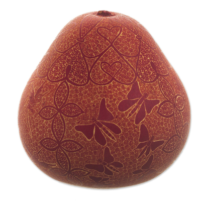 Engraved Dried Gourd Bird and Butterfly Figurine