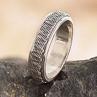 Sterling silver meditation spinner ring, 'Wicker Basket' - Basketweave Sterling Silver Spinner Ring