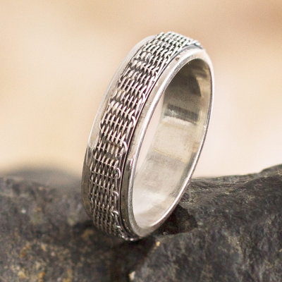 Sterling silver meditation spinner ring, 'Wicker Basket' - Basketweave Sterling Silver Spinner Ring