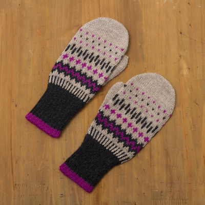 100% alpaca wool mittens, 'Miski Inca' - Pure Alpaca Wool Mittens with Inca Pattern