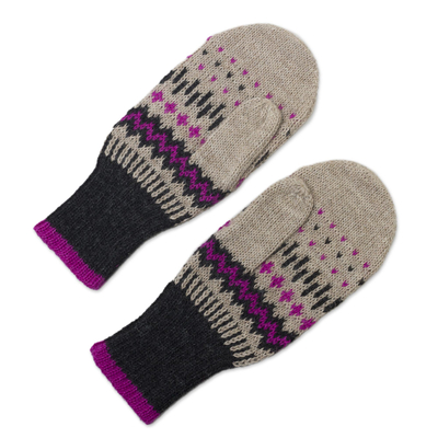 100% alpaca wool mittens, 'Miski Inca' - Pure Alpaca Wool Mittens with Inca Pattern