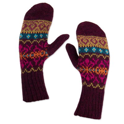 100% alpaca wool mittens, 'Inca Aubergine' - Dark Purple and Multicolored 100% Alpaca Mittens