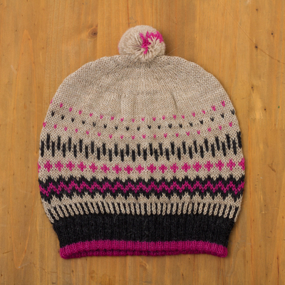 100% alpaca wool hat, 'Miski Inca' - Knit 100% Alpaca Hat with Pompom from Peru