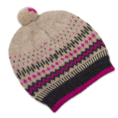 100% alpaca wool hat, 'Miski Inca' - Knit 100% Alpaca Hat with Pompom from Peru