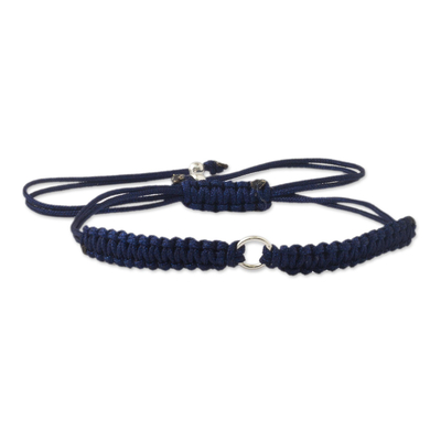 Sterling silver macrame unity bracelet, 'Reconcile' - Peru Navy Blue Macrame Unity Bracelet with Sterling Silver