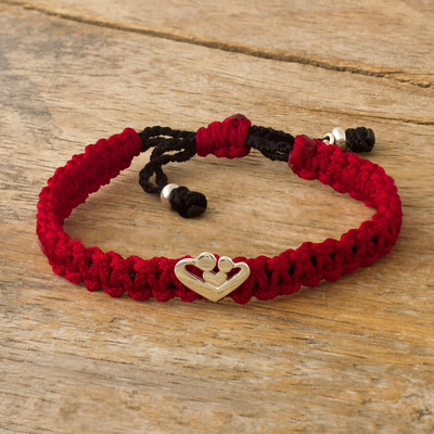 Sterling silver unity bracelet, 'I Stay Home' - Red & Black Braided Unity Bracelet with Sterling Silver