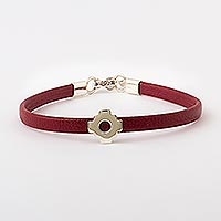 Sterling silver unity bracelet, 'Red Chacana Unity' (4 mm) - Red Faux Leather Unity Bracelet with Sterling Silver 4 mm