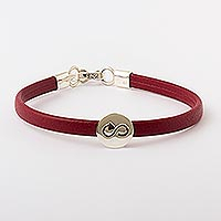 Sterling silver and leather unity bracelet, 'Red Sustainable World' - Sterling Silver & Red Faux Leather Eco Unity Bracelet