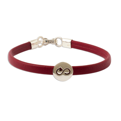 Sterling silver and faux leather unity bracelet, 'Red Sustainable World' - Sterling Silver & Red Faux Leather Eco Unity Bracelet