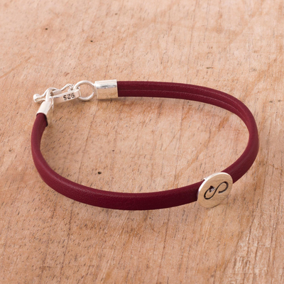 Sterling silver and faux leather unity bracelet, 'Red Sustainable World' - Sterling Silver & Red Faux Leather Eco Unity Bracelet