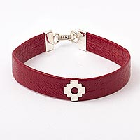 Sterling silver unity bracelet, 'Red Chacana Unity' (10 mm) - Red Faux Leather 10 mm Unity Bracelet with Sterling Silver
