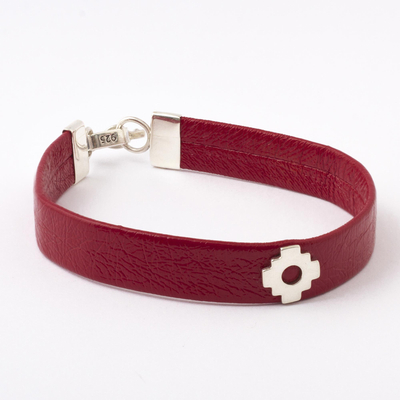 Sterling silver unity bracelet, 'Red Chacana Unity' (10 mm) - Red Faux Leather 10 mm Unity Bracelet with Sterling Silver