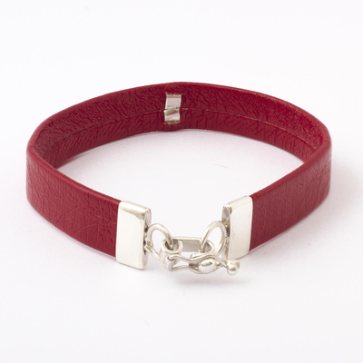 Sterling silver unity bracelet, 'Red Chacana Unity' - Red Faux Leather Unity Bracelet with Sterling Silver