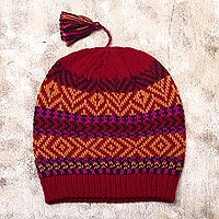 100% alpaca hat, 'Inca Festival in Red' - Crimson Tasseled Knit 100% Alpaca Hat