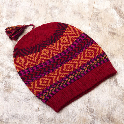 100% alpaca hat, 'Inca Festival in Red' - Crimson Tasseled Knit 100% Alpaca Hat