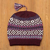100% alpaca hat, 'Inca Festival in Wine' - 100% Alpaca Knit Hat from Peru