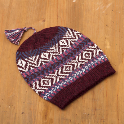 100% alpaca hat, 'Inca Festival in Wine' - 100% Alpaca Knit Hat from Peru