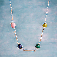 Multi-gemstone station necklace, 'Planetary Alignment' - Multi-Gemstone and Sterling Silver Station Necklace