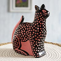 Ceramic sculpture, 'Rosy Chulucanas Cat' - Handmade Chulucanas Pink and Black Cat Statuette