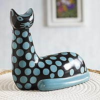 Ceramic sculpture, 'Turquoise Chulucanas Cat' - Unique Ceramic Cat Sculpture from Chulucanas