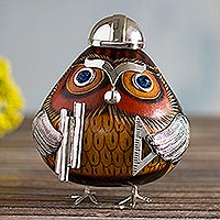 Sterling silver accent gourd figurine, 'Mr. Architect Owl' - Mr. Architect Dried Gourd Owl Figurine with Sterling Silver