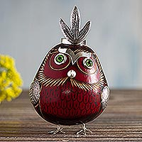 Sterling silver accent gourd figurine, 'Red Shiphibo Owl' - Red Dried Gourd Shiphibo Owl Figurine with Sterling Silver