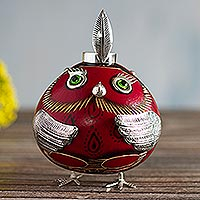 Sterling silver accent gourd figurine, 'Red Shiphibo Girl Owl' - Red Dried Gourd Shiphibo Girl Owl Figurine with 925 Silver