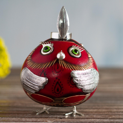 Sterling silver accent gourd figurine, 'Red Shiphibo Girl Owl' - Red Dried Gourd Shiphibo Girl Owl Figurine with 925 Silver