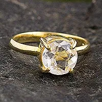 Gold plated quartz solitaire ring, 'Clearly Brilliant' - 17 Carat Quartz Solitaire Ring