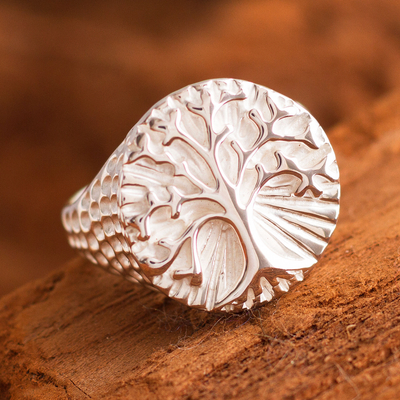 Men's sterling silver signet ring, 'Andean Tree of Life' - Handmade Men's Sterling Silver Tree of Life Ring from Peru