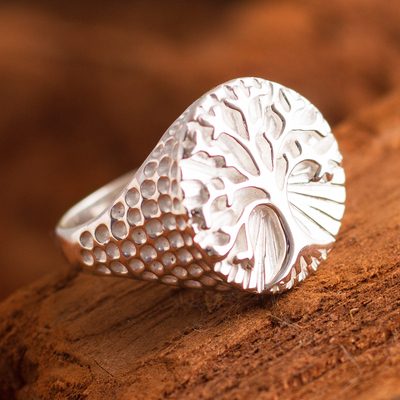 Men's sterling silver signet ring, 'Andean Tree of Life' - Handmade Men's Sterling Silver Tree of Life Ring from Peru