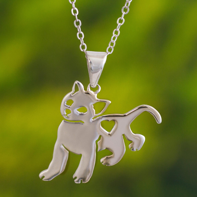 Sterling silver pendant necklace, 'Cat Love' - Peruvian Sterling Silver Cat Pendant Necklace