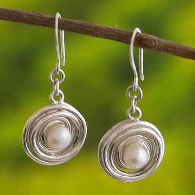 Cultured pearl dangle earrings, 'Luminous Halo' - Andean Sterling Silver Dangle Earrings with Cultured Pearl