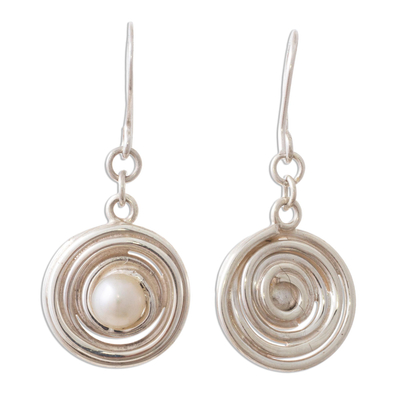 Cultured pearl dangle earrings, 'Luminous Halo' - Andean Sterling Silver Dangle Earrings with Cultured Pearl