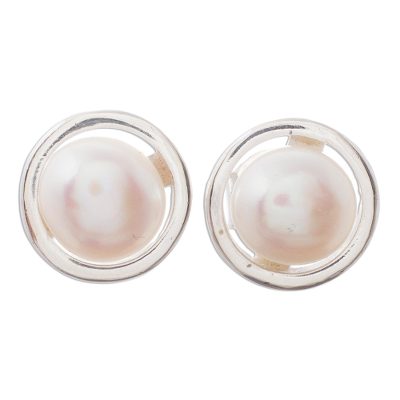 Cultured pearl stud earrings, 'Luminous Allure' - Handcrafted Petite Silver Cultured Pearl Earrings