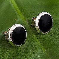 Onyx button earrings, 'Eyes Open' - Black Onyx and Sterling Silver Button Earrings