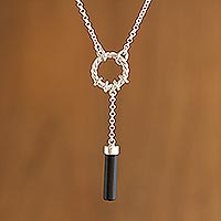 Obsidian Y-necklace, 'Cylinder' - Women's Obsidian and Sterling Silver Y-Necklace