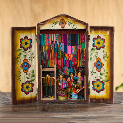 Wood retablo, 'Busy Textile Market' - Handcrafted Andean Textile Market Retablo Diorama