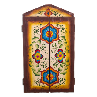 Wood retablo, 'Busy Textile Market' - Handcrafted Andean Textile Market Retablo Diorama