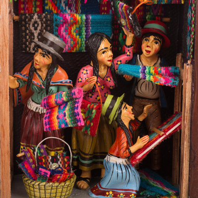 Wood retablo 'Busy Textile Market'  - Handcrafted Andean Textile Market Retablo Diorama