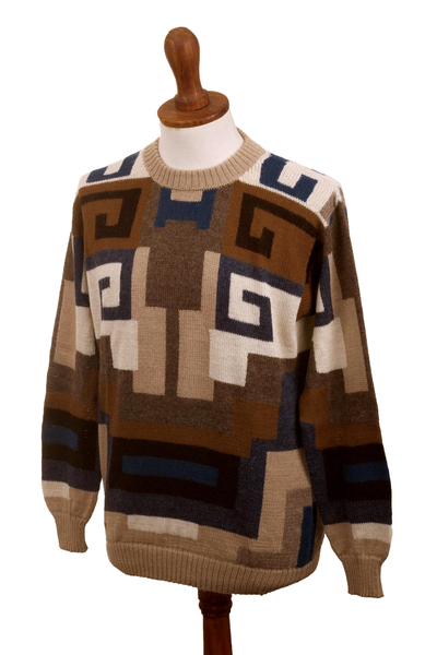 Men's 100% alpaca sweater, 'Chavin Geometry' - Intarsia Knit Alpaca Wool Men's Sweater