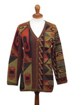 100% alpaca cardigan, 'Inca Geometry' - Multicolored Intarsia Knit Alpaca Wool Cardigan from Peru