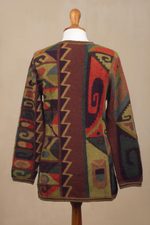 100% alpaca cardigan, 'Inca Geometry' - Multicolored Intarsia Knit Alpaca Wool Cardigan from Peru