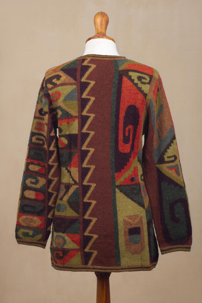 100% alpaca cardigan, 'Inca Geometry' - Multicolored Intarsia Knit Alpaca Wool Cardigan from Peru