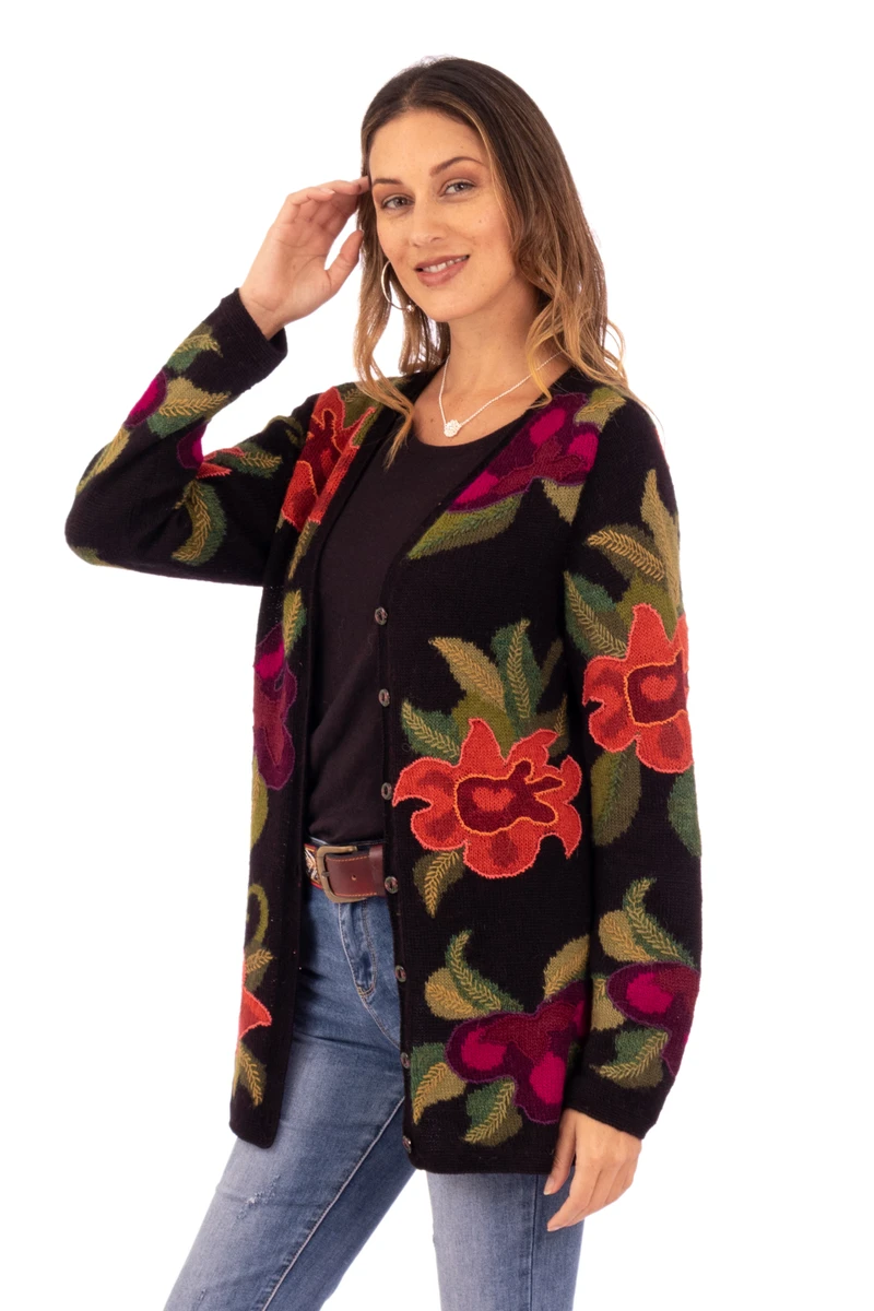 Alpaca Intarsia Knit Cardigan In Multicolored Floral - Cusco