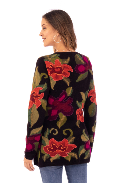 100% alpaca cardigan, 'Cusco Flowers in Black' - Alpaca Intarsia Knit Cardigan In Multicolored Floral