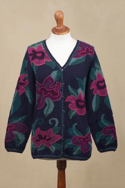 100% alpaca cardigan, 'Cusco Flowers in Blue' - Floral Intarsia Knit Cardigan Sweater in 100% Alpaca