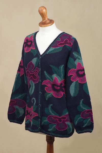 100% alpaca cardigan, 'Cusco Flowers in Blue' - Floral Intarsia Knit Cardigan Sweater in 100% Alpaca